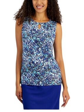 Kasper Printed Pleated Keyhole Neck Sleeveless Summer Blouse Top Shell NEW Large